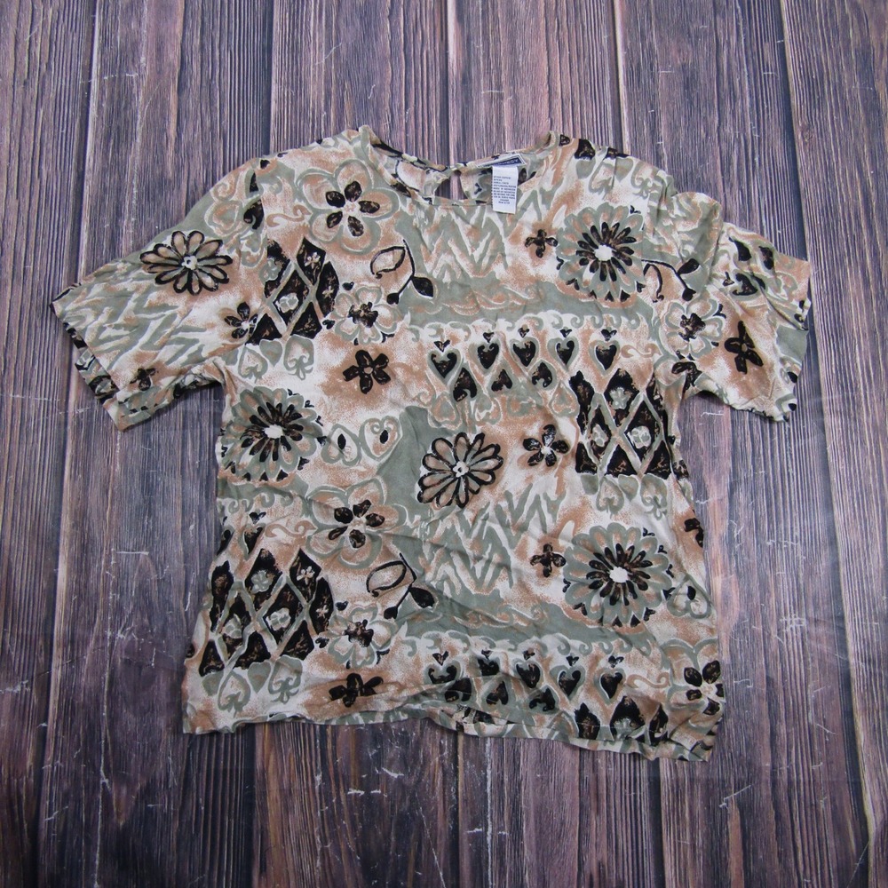 Prophecy Blouse Women Small Green Tan Floral Geometric Rayon Short Sleeve Top